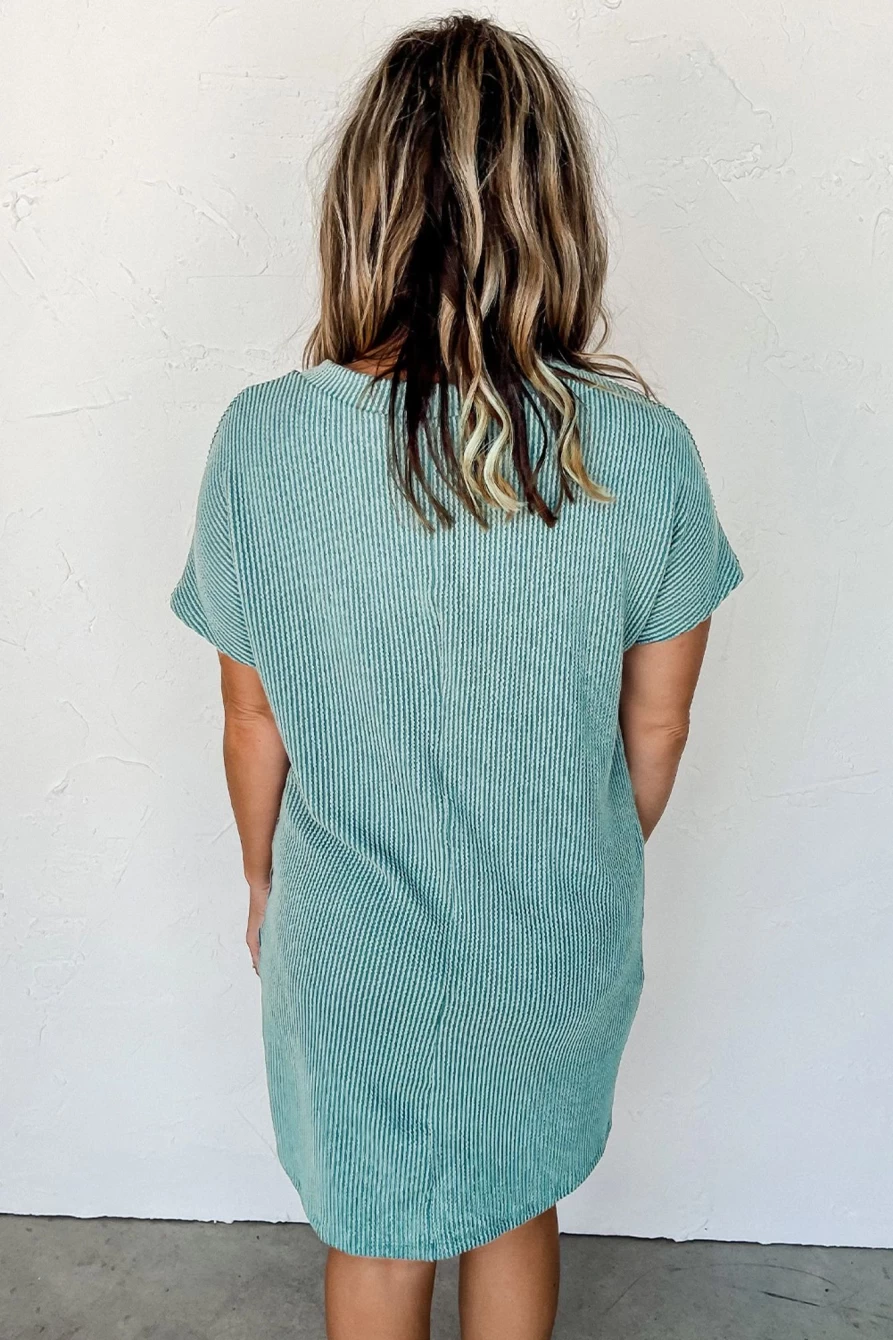 "Shewin Women's Blue Ribbed T-Shirt Dress with Chest Pocket - Casual Comfort Fit"