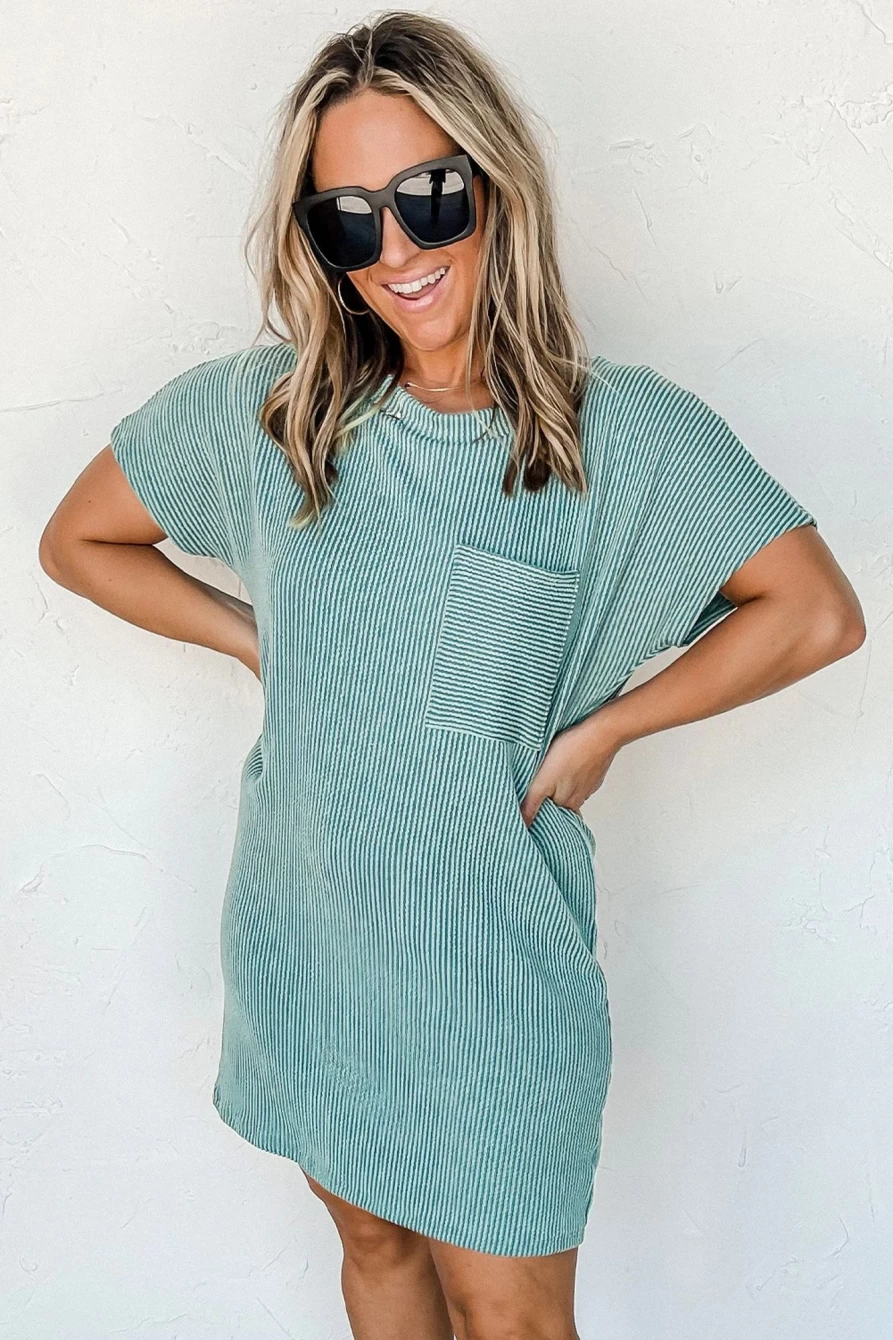 "Shewin Women's Blue Ribbed T-Shirt Dress with Chest Pocket - Casual Comfort Fit"