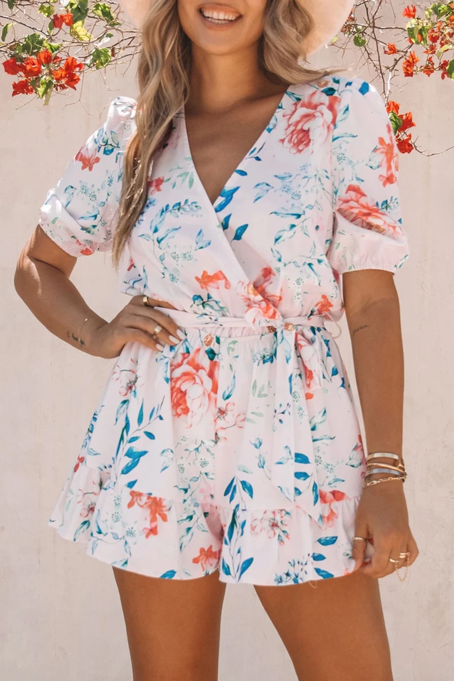 Shewin Women's White Floral Print Puff Sleeve Belted Romper Jumpsuit