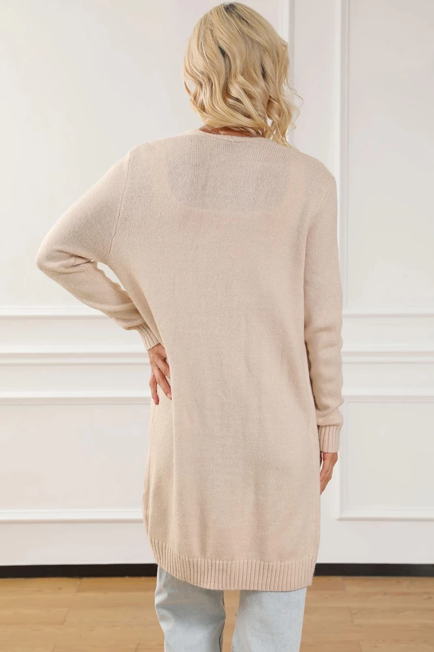 Shewin Women's Apricot Ribbed Trim Open Front Midi Cardigan with Pockets