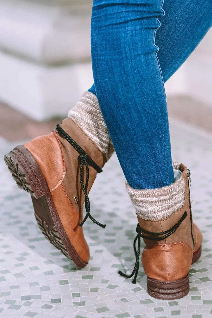 Shewin Women's Chestnut PU Leather Knitted Patchwork Ankle Boots