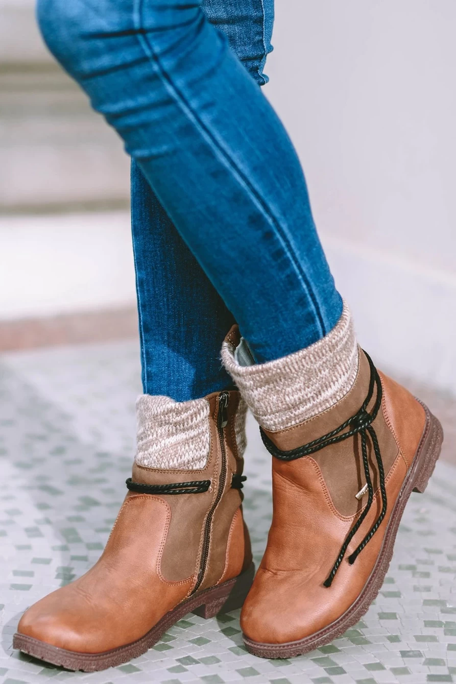 Shewin Women's Chestnut PU Leather Knitted Patchwork Ankle Boots