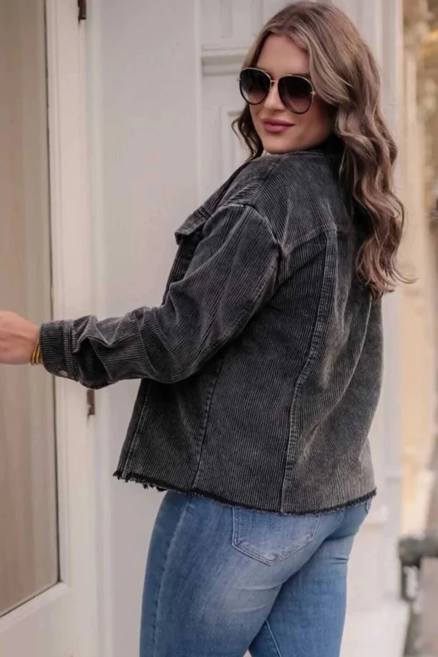 Shewin Women's Plus Size Gray Corduroy Jacket with Flap Pockets & Raw Edge Detail