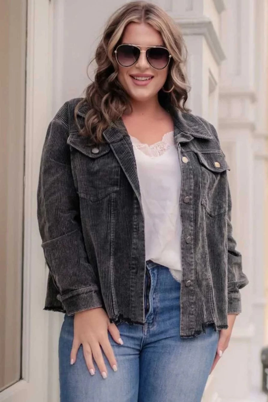 Shewin Women's Plus Size Gray Corduroy Jacket with Flap Pockets & Raw Edge Detail