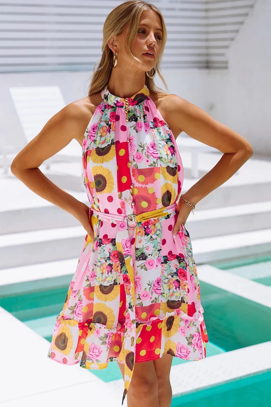 Shewin Women's Multicolor Floral Halter Dress with Buttoned Waist Belt & Flounce Hem