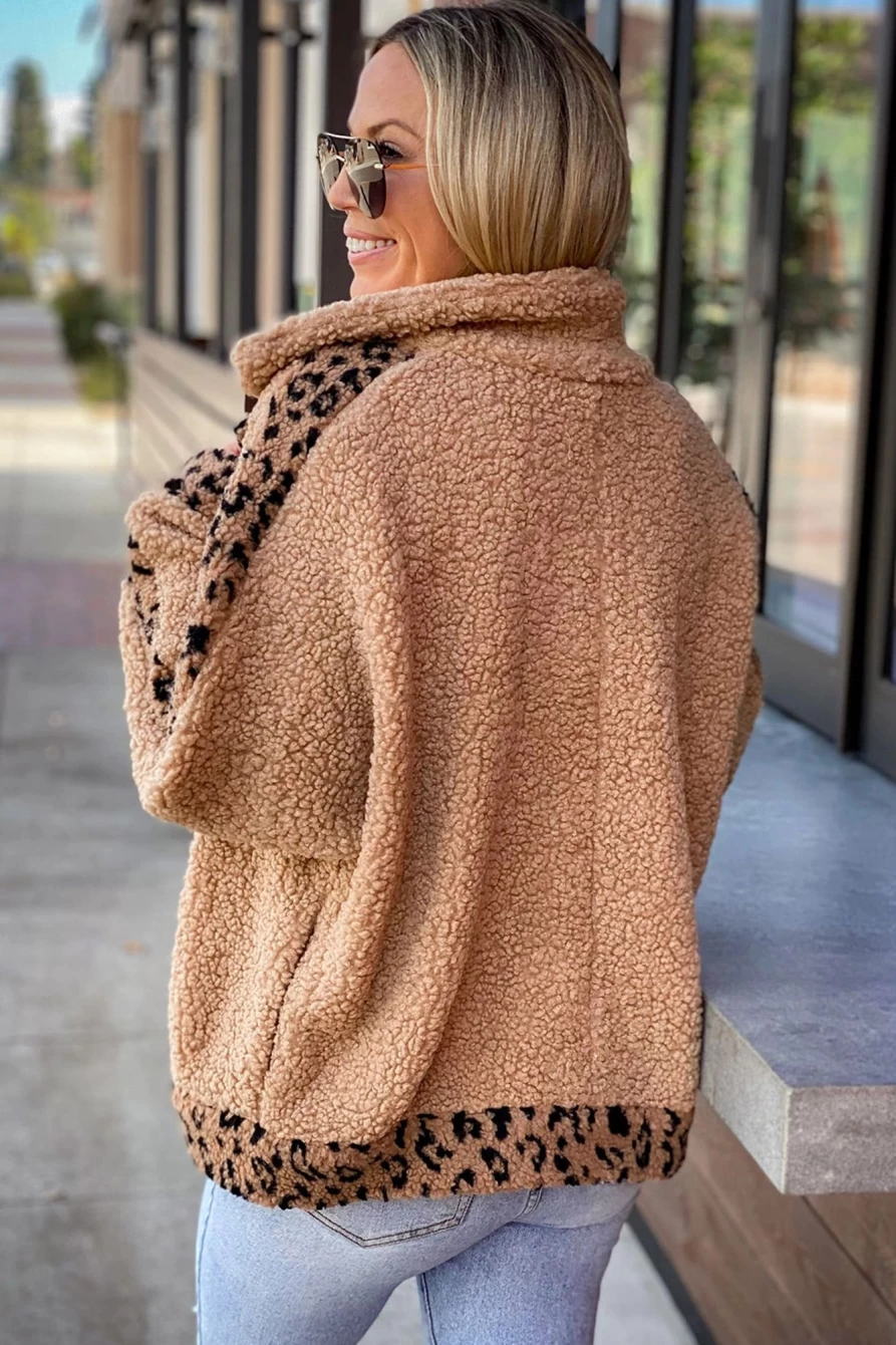 Shewin Women's Flaxen Leopard Print Sherpa Coat with Contrast Lapel Collar