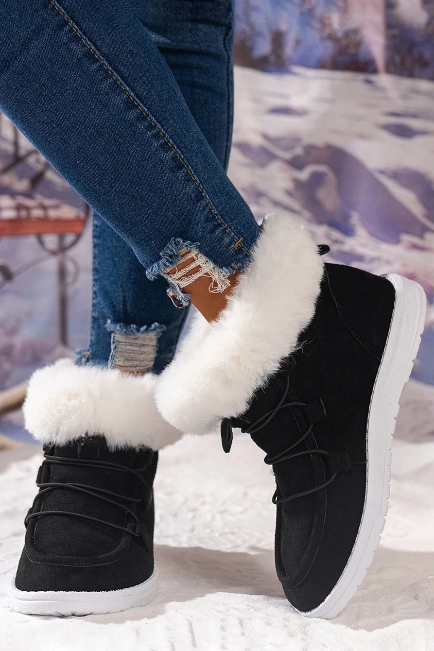 Shewin Women's Black Suede Square Toe Plush Lined Drawstring Ankle Boots