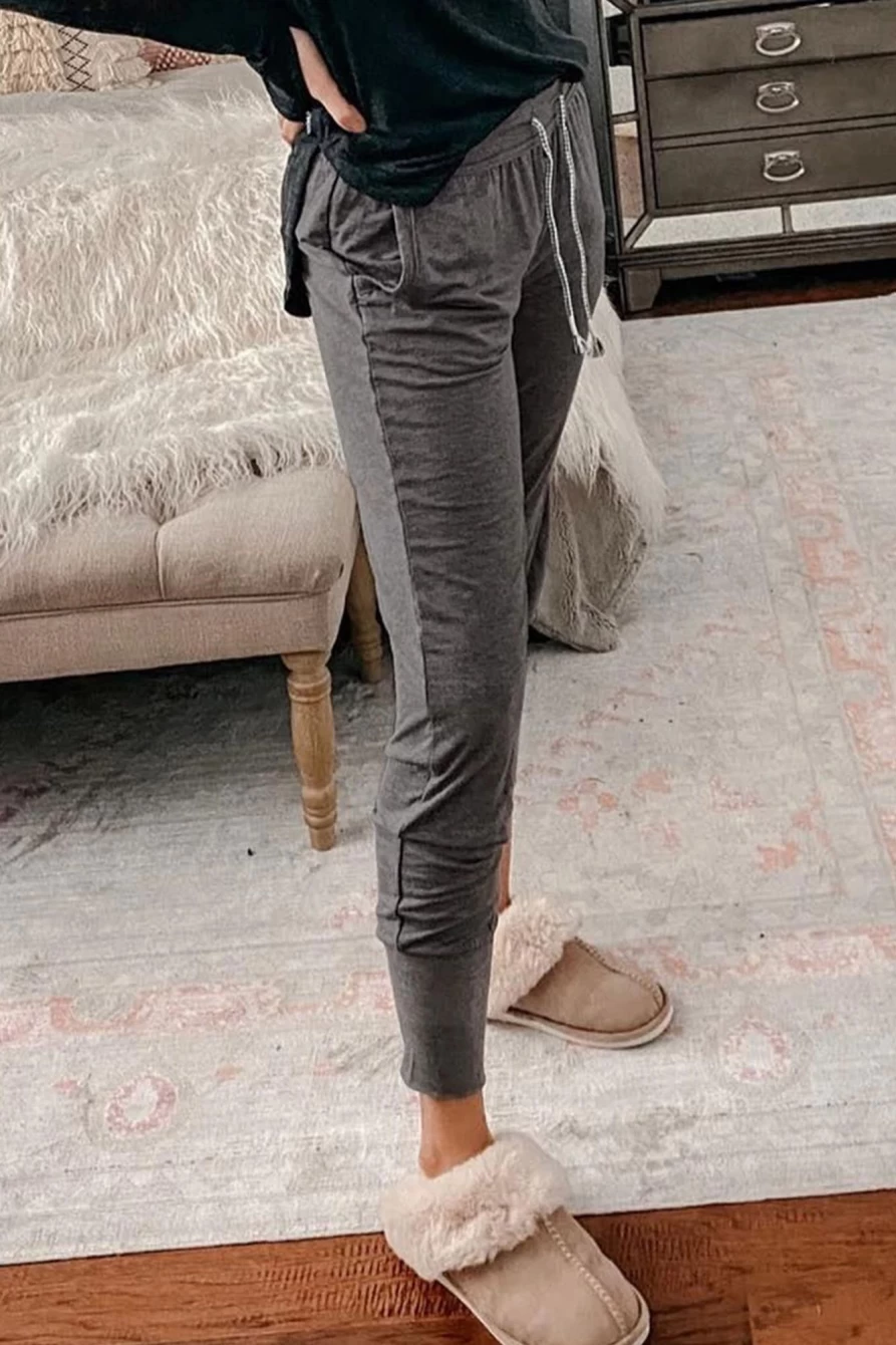 Shewin Women's High Waist Gray Jogger Pants with Button & Drawstring