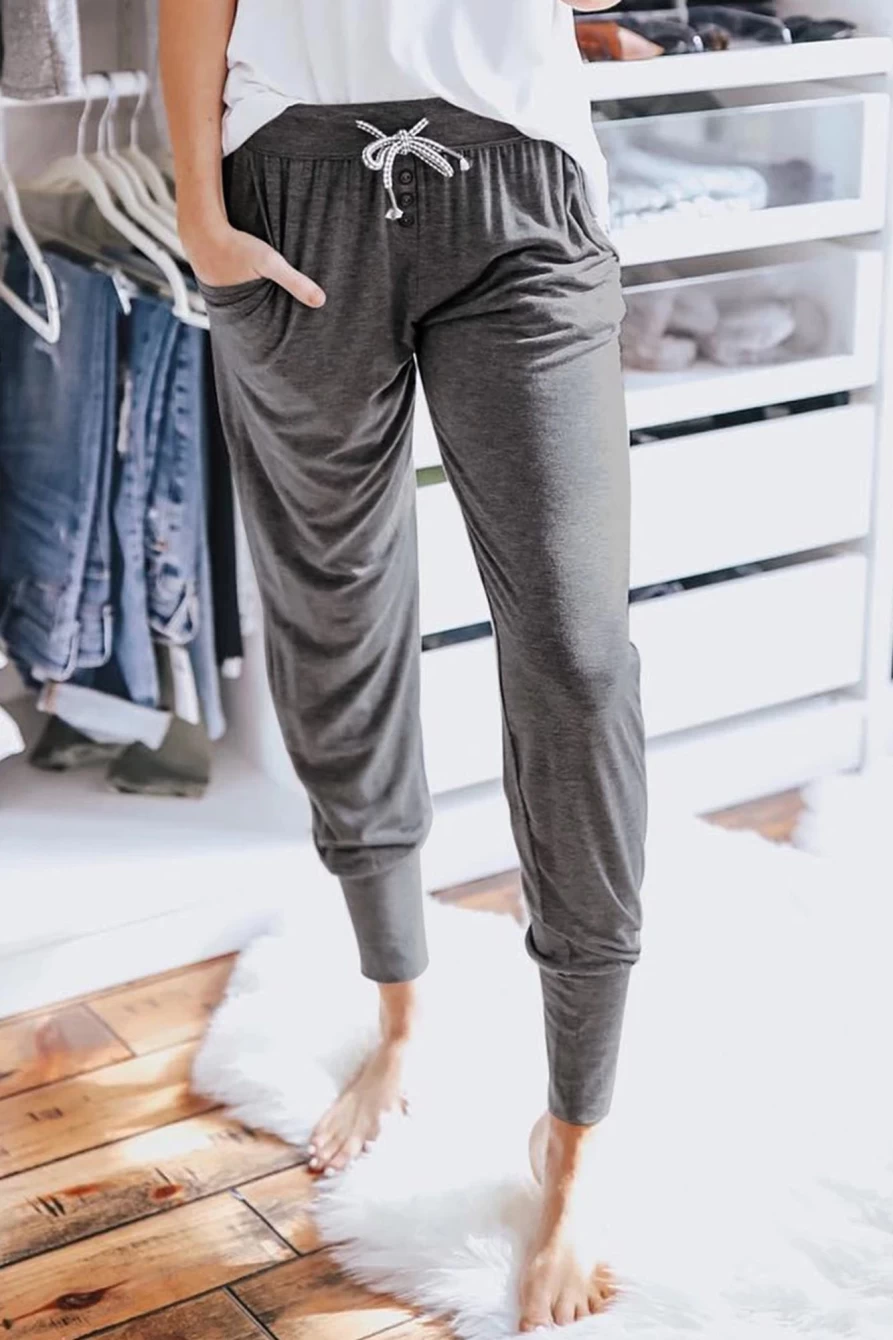 Shewin Women's High Waist Gray Jogger Pants with Button & Drawstring
