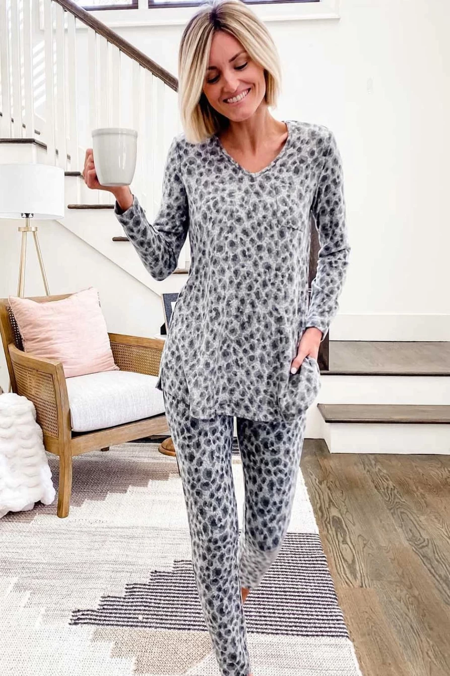 Women's Leopard Print Long Sleeve Loungewear Set with Slit Top & Pants | SHEWIN