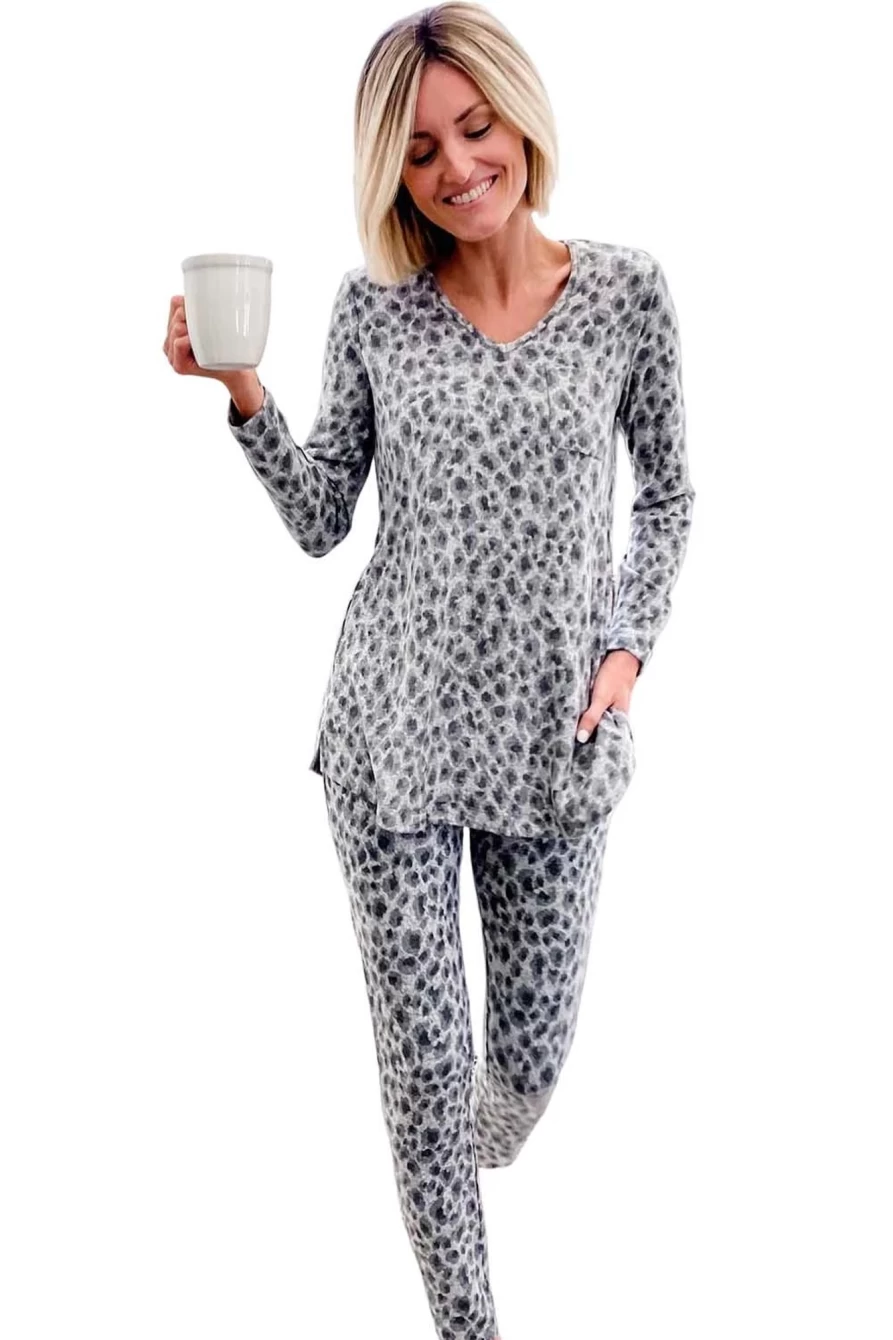 Women's Leopard Print Long Sleeve Loungewear Set with Slit Top & Pants | SHEWIN