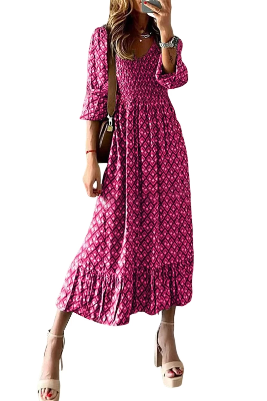 Shewin Women's Pink Geometric Print Shirred V-Neck High Waist Maxi Dress