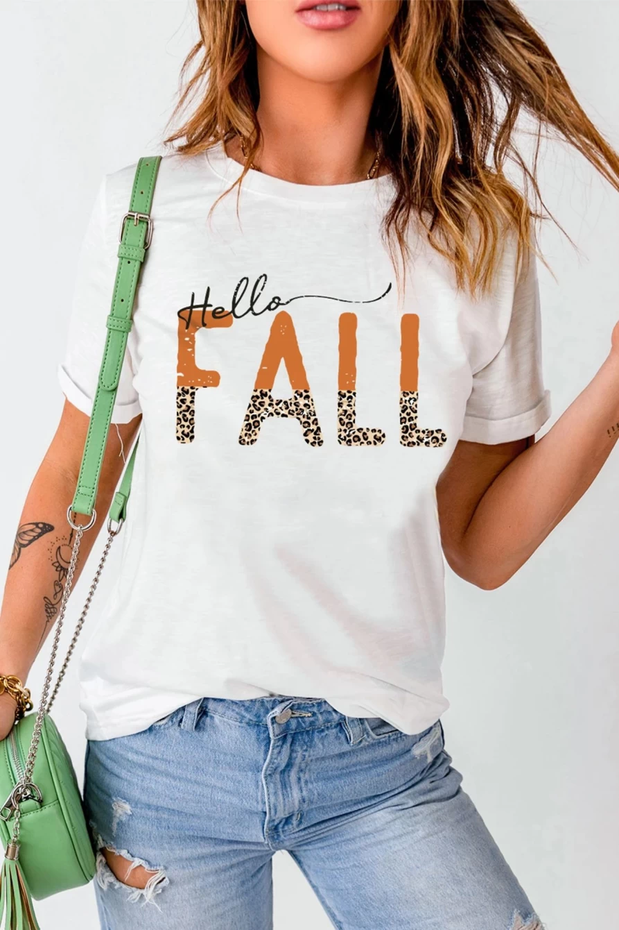 Shewin Women's White Leopard Print Color Block Graphic Tee - Casual Letter Design T-Shirt