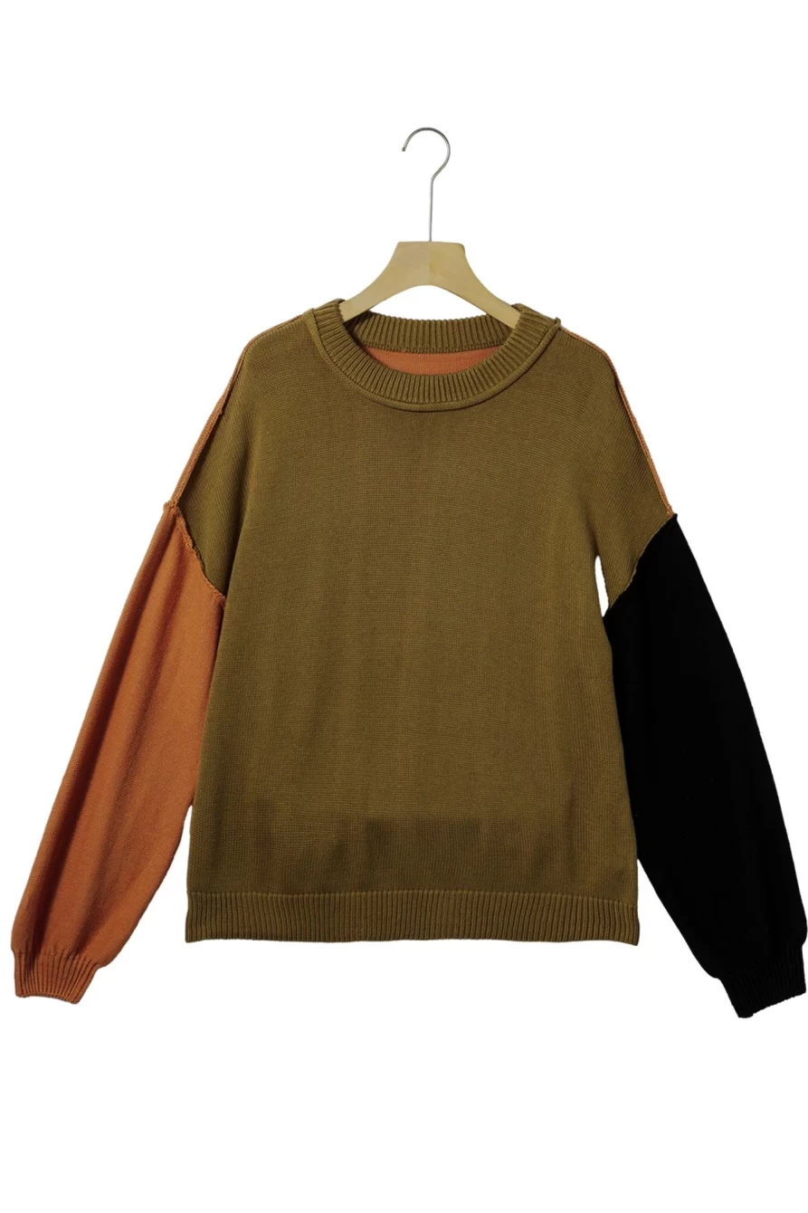 Shewin Women's Pickle Green Colorblock Ribbed Sweater with Bishop Sleeves & Exposed Seams