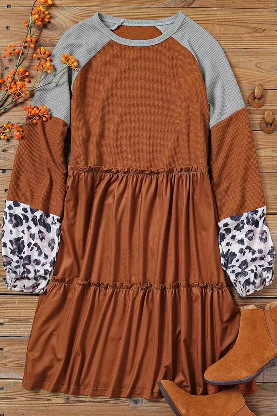 Shewin Women's Gold Flame Leopard Print Waffle Mini Dress with Long Sleeves & Ruffle Detail
