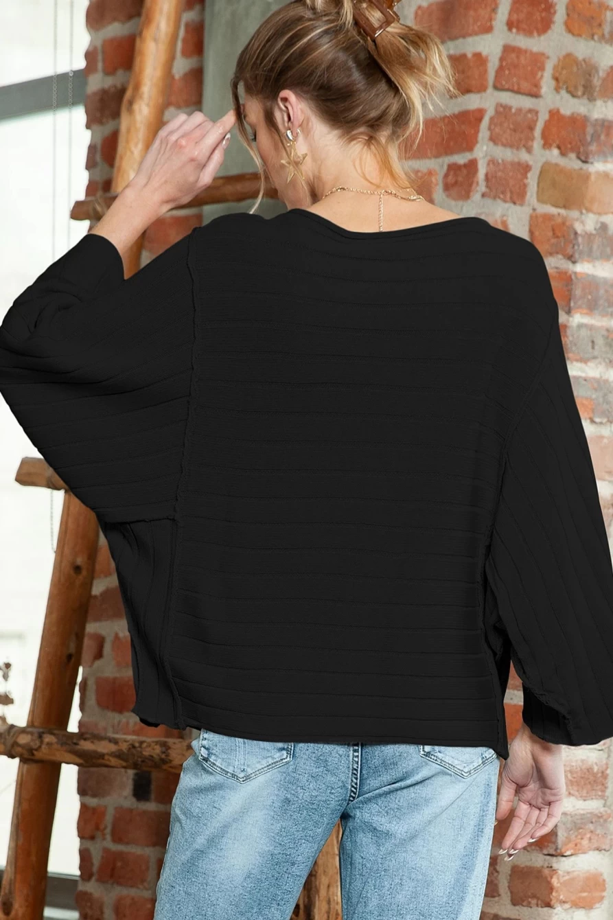 Women's Black Ribbed Knit Dolman Sweater - Shewin 3/4 Sleeve Pullover Top