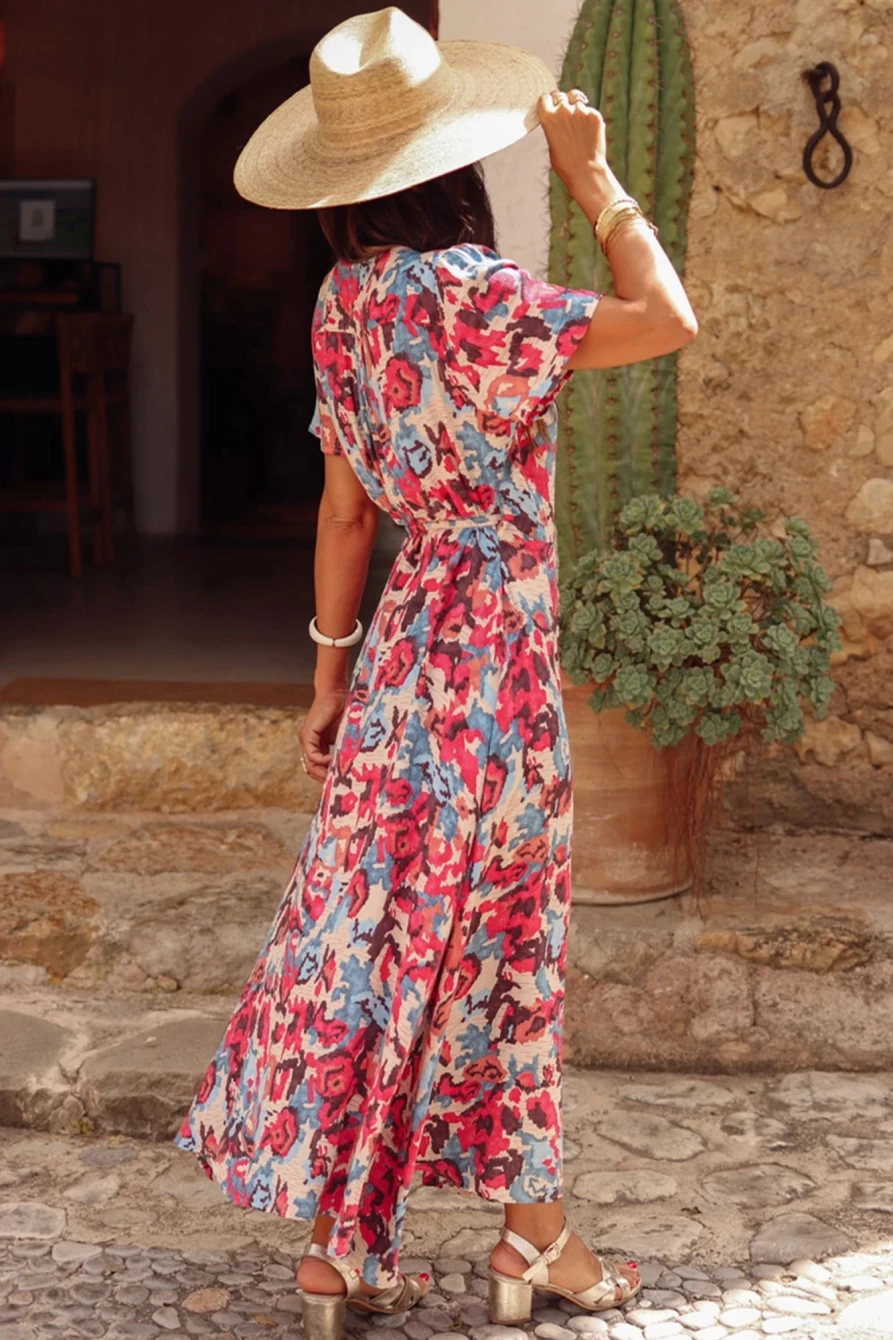 Shewin Women's Red Abstract Print Split Maxi Dress with Wrapped Belt