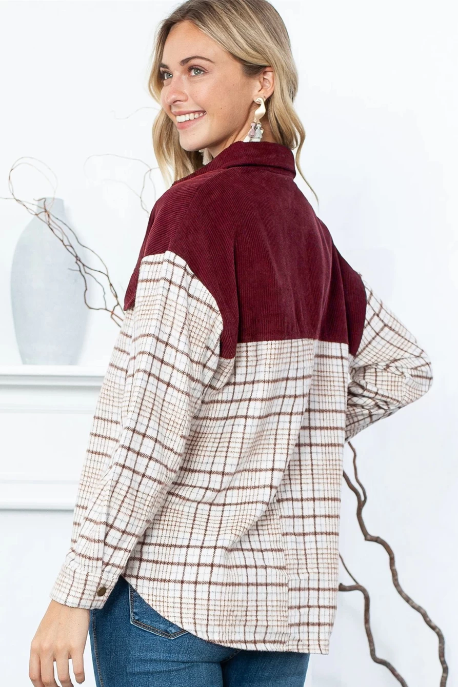 Women's Red Plaid Corduroy Shacket by Shewin - Stylish Patchwork Button-Up Jacket