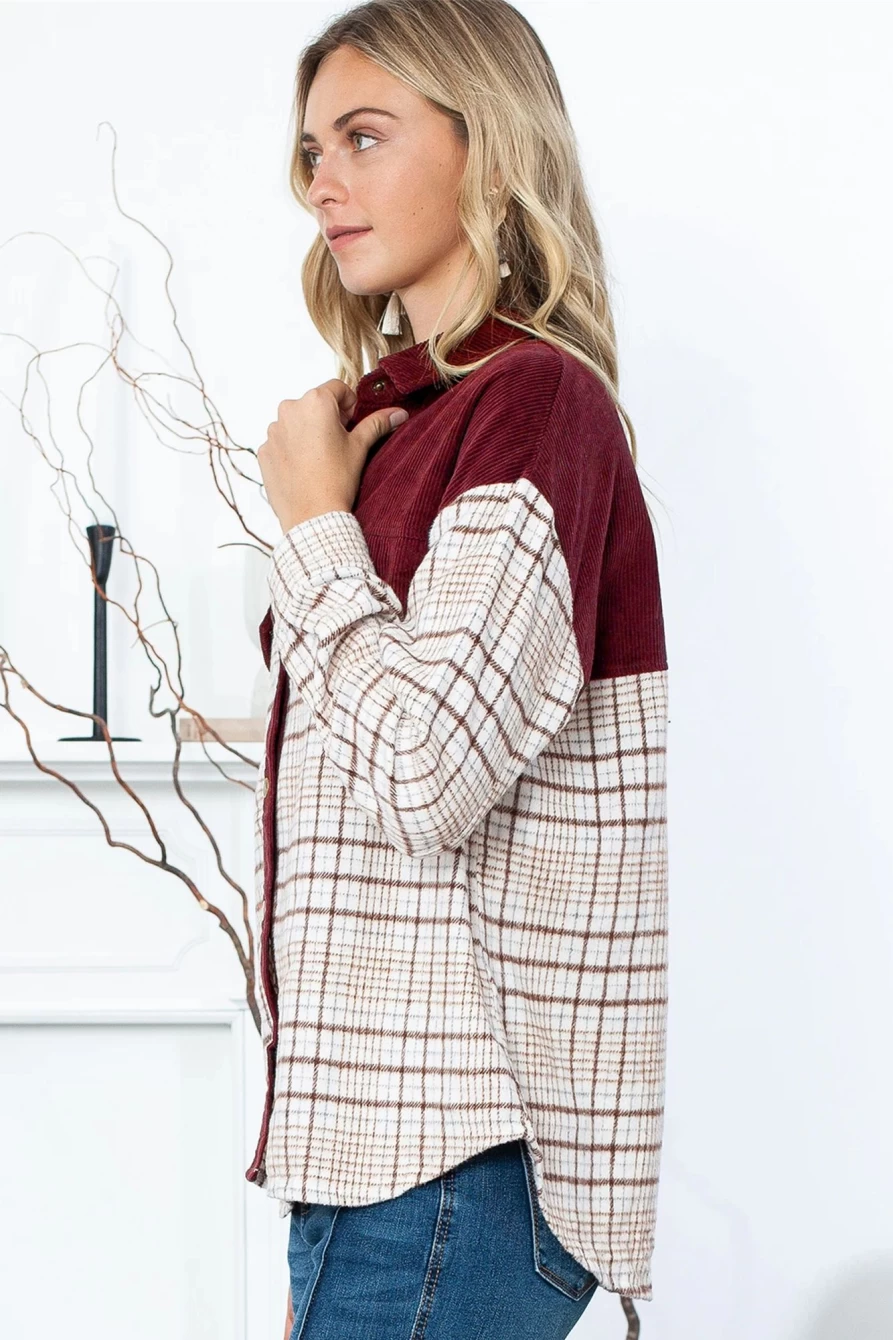 Women's Red Plaid Corduroy Shacket by Shewin - Stylish Patchwork Button-Up Jacket