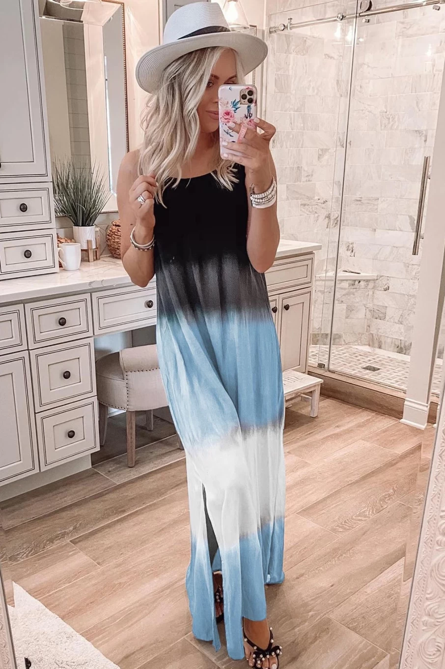 Shewin Women's Sky Blue Tie-Dye Spaghetti Strap Maxi Dress with High Slit