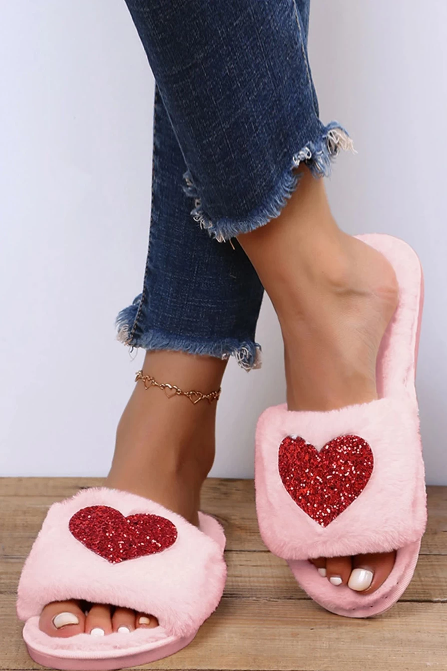 Shewin Women's Pink Sequin Heart Plush Slip-On Slippers