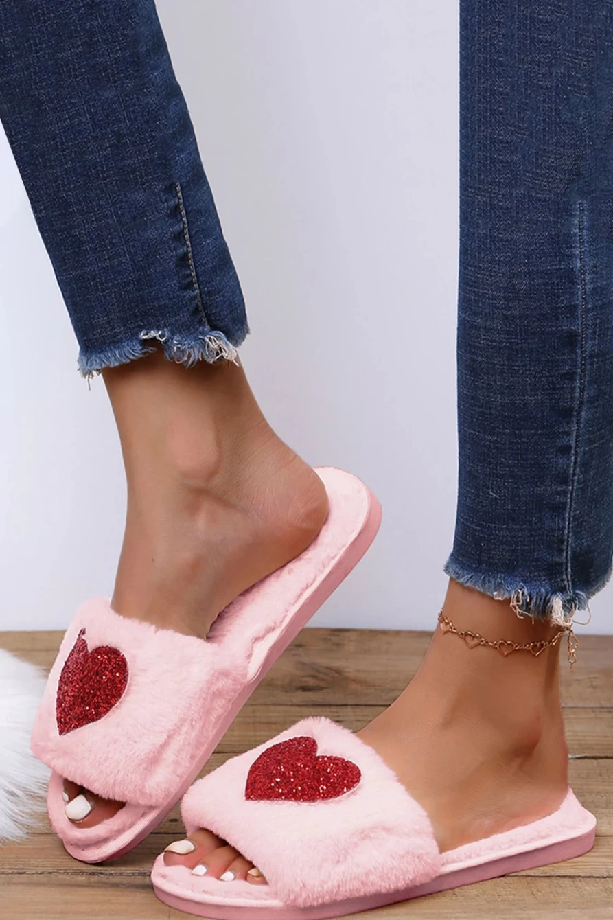 Shewin Women's Pink Sequin Heart Plush Slip-On Slippers