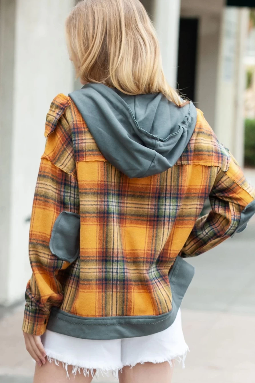 Shewin Women's Orange Plaid Patchwork Hooded Jacket with Frayed Trim and Snap Buttons