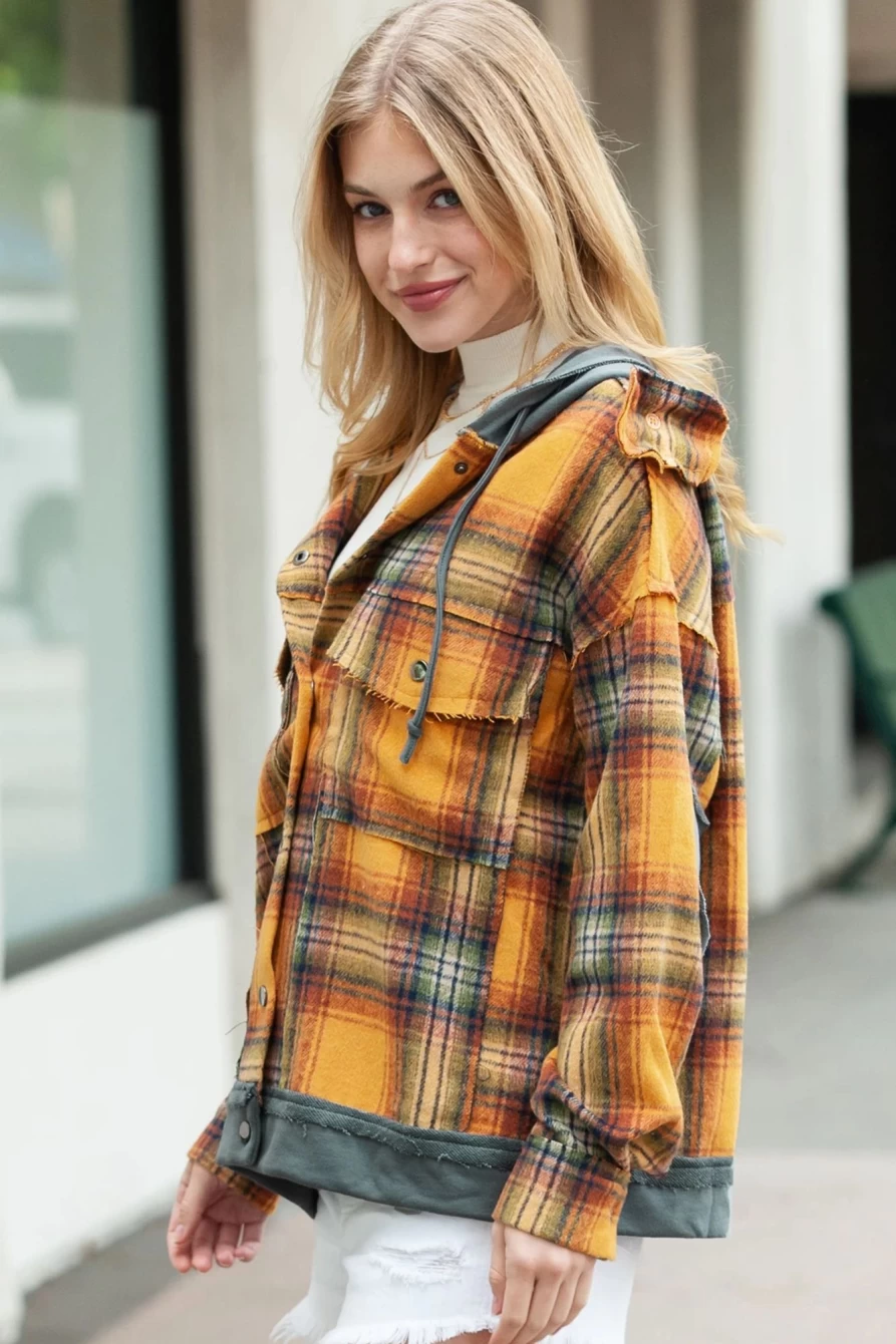 Shewin Women's Orange Plaid Patchwork Hooded Jacket with Frayed Trim and Snap Buttons