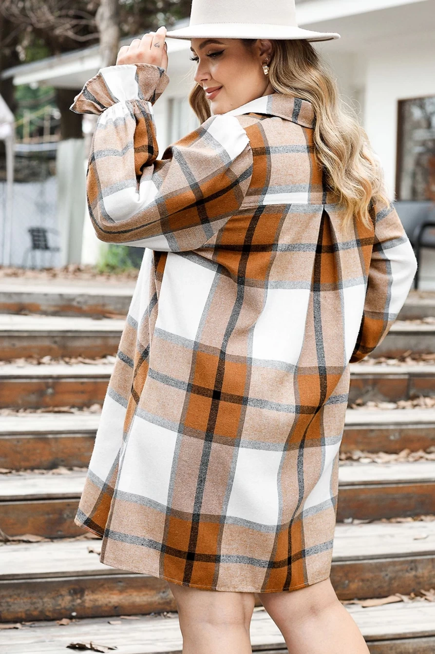 Shewin Women's Plus Size Khaki Plaid Flounce Sleeve Button-Up Shirt Dress