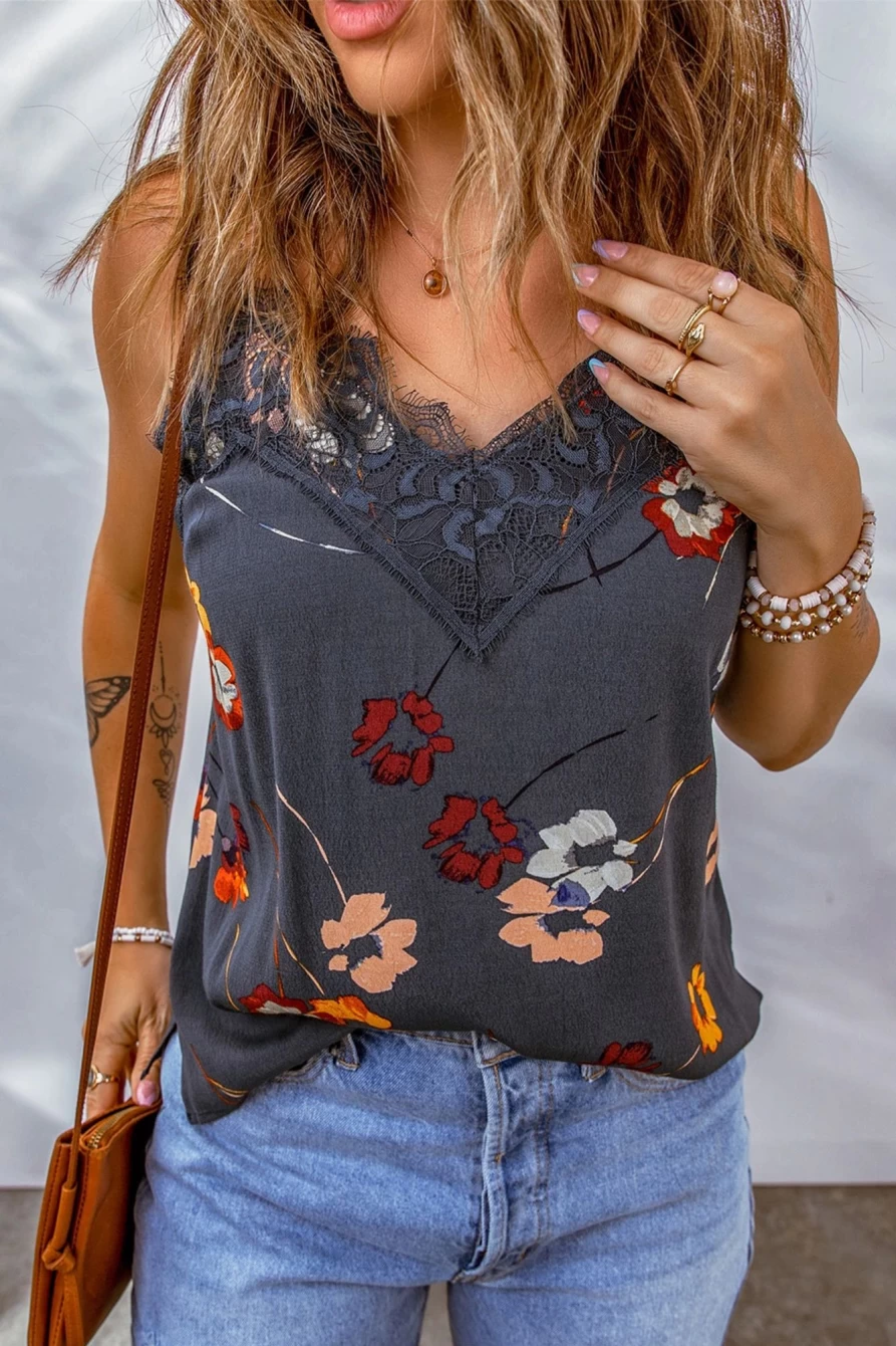 "SheWin Women's Blue Floral Print Camisole Top with Lace Trim - Casual Summer Blouse"