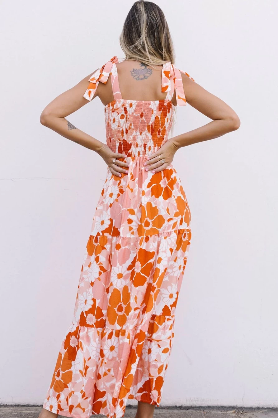Shewin Women's Orange Floral Boho Smocked Maxi Dress - Elegant Long Summer Dress