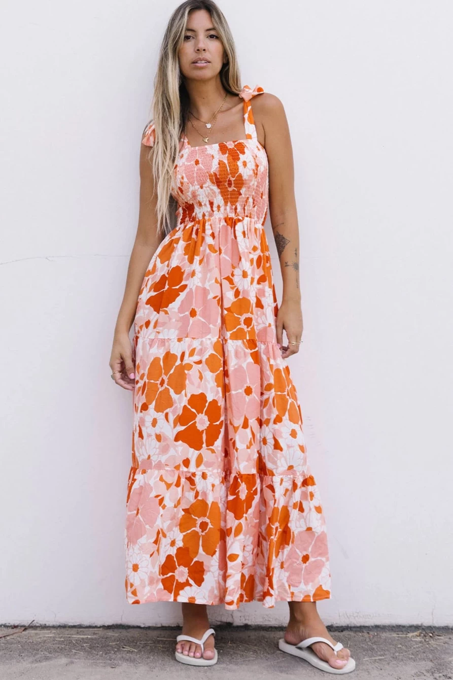 Shewin Women's Orange Floral Boho Smocked Maxi Dress - Elegant Long Summer Dress