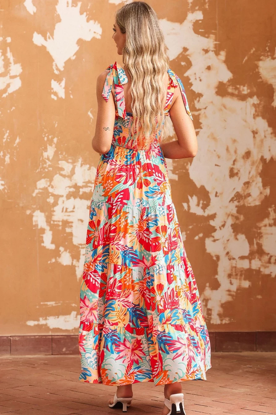 Shewin Women's Boho Tropical Print Smocked Maxi Dress with Ruffle Tiered Detail in Multicolor