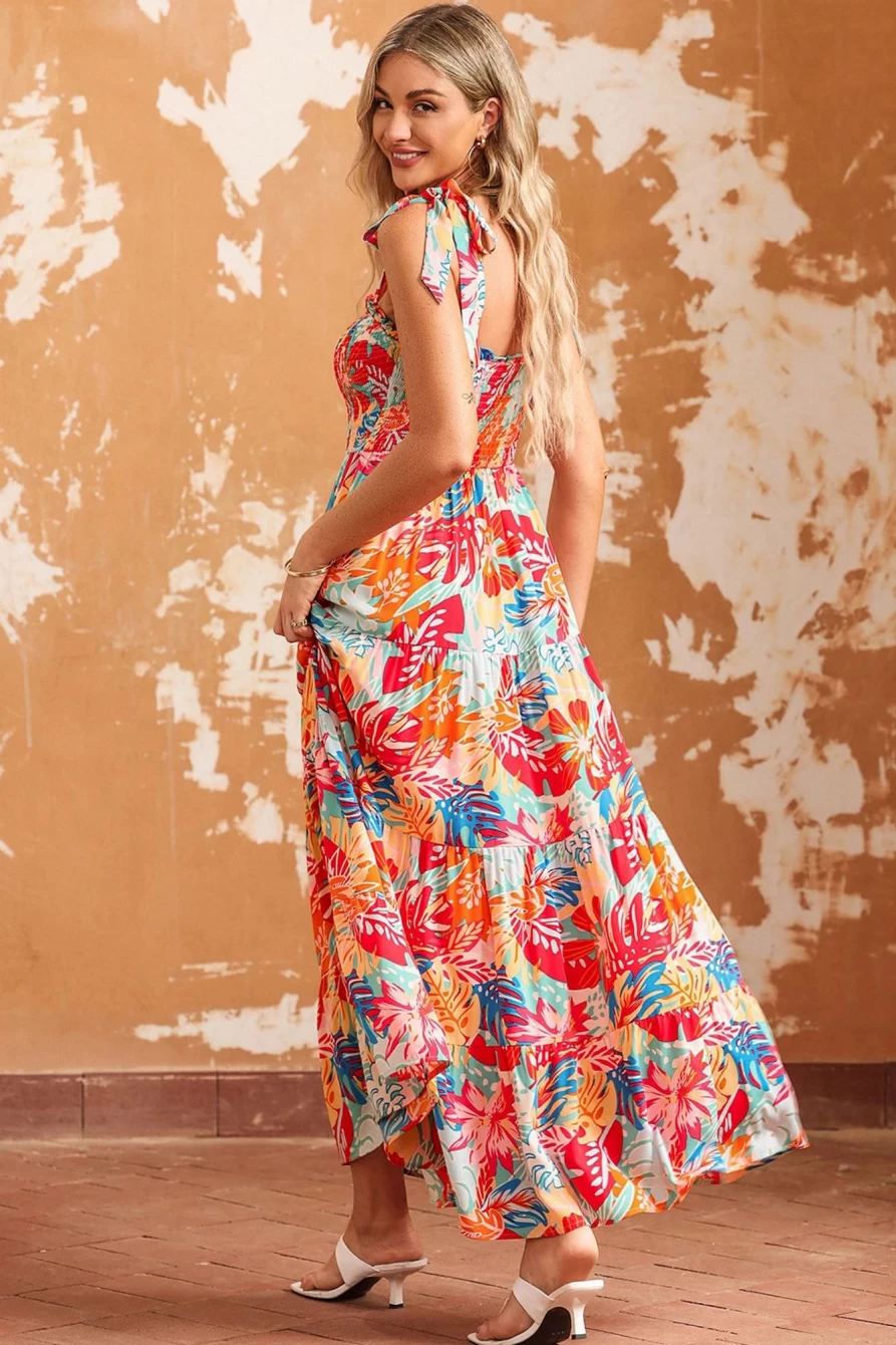 Shewin Women's Boho Tropical Print Smocked Maxi Dress with Ruffle Tiered Detail in Multicolor