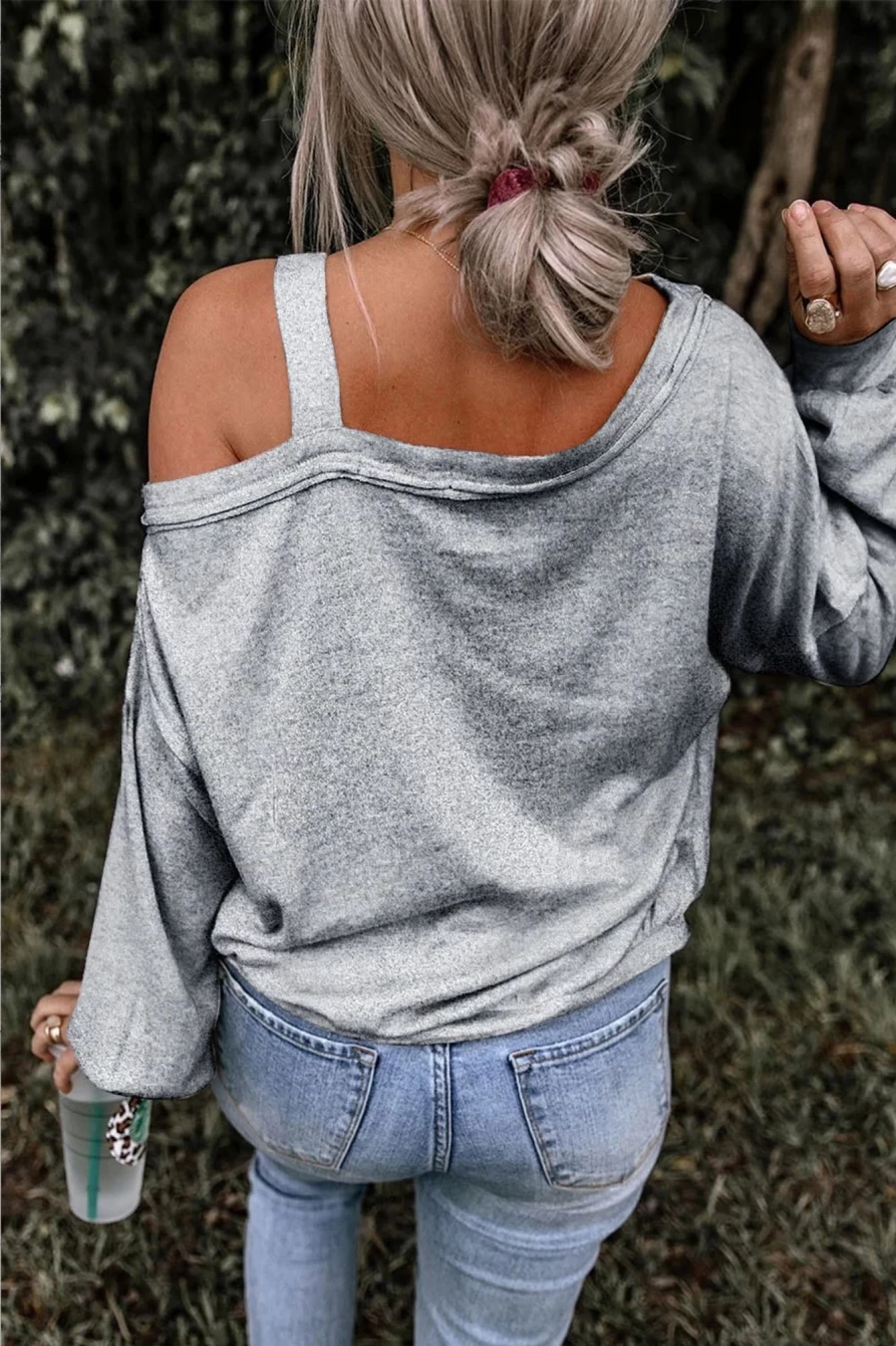 Women's Gray Skull Graphic Long Sleeve Tee - Casual Letter Print Top by Shewin