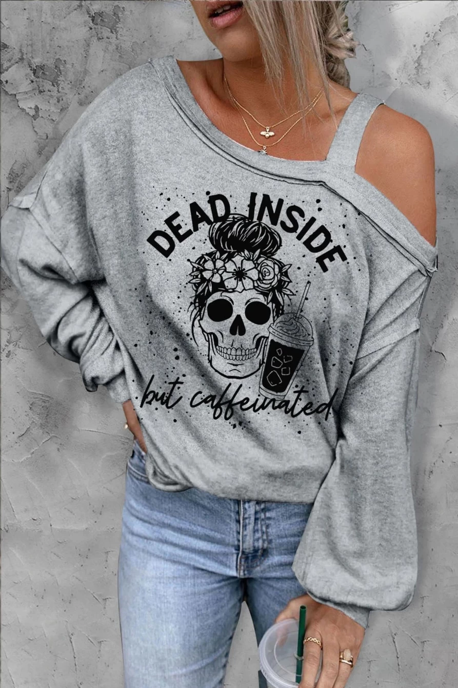 Women's Gray Skull Graphic Long Sleeve Tee - Casual Letter Print Top by Shewin