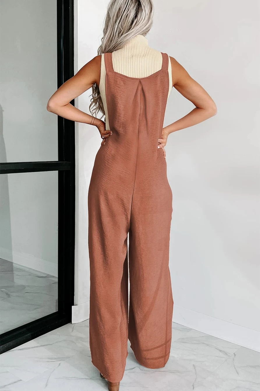 Shewin Women's Gold Flame Textured Buttoned Straps Ruched Wide Leg Jumpsuit - Elegant Casual Romper