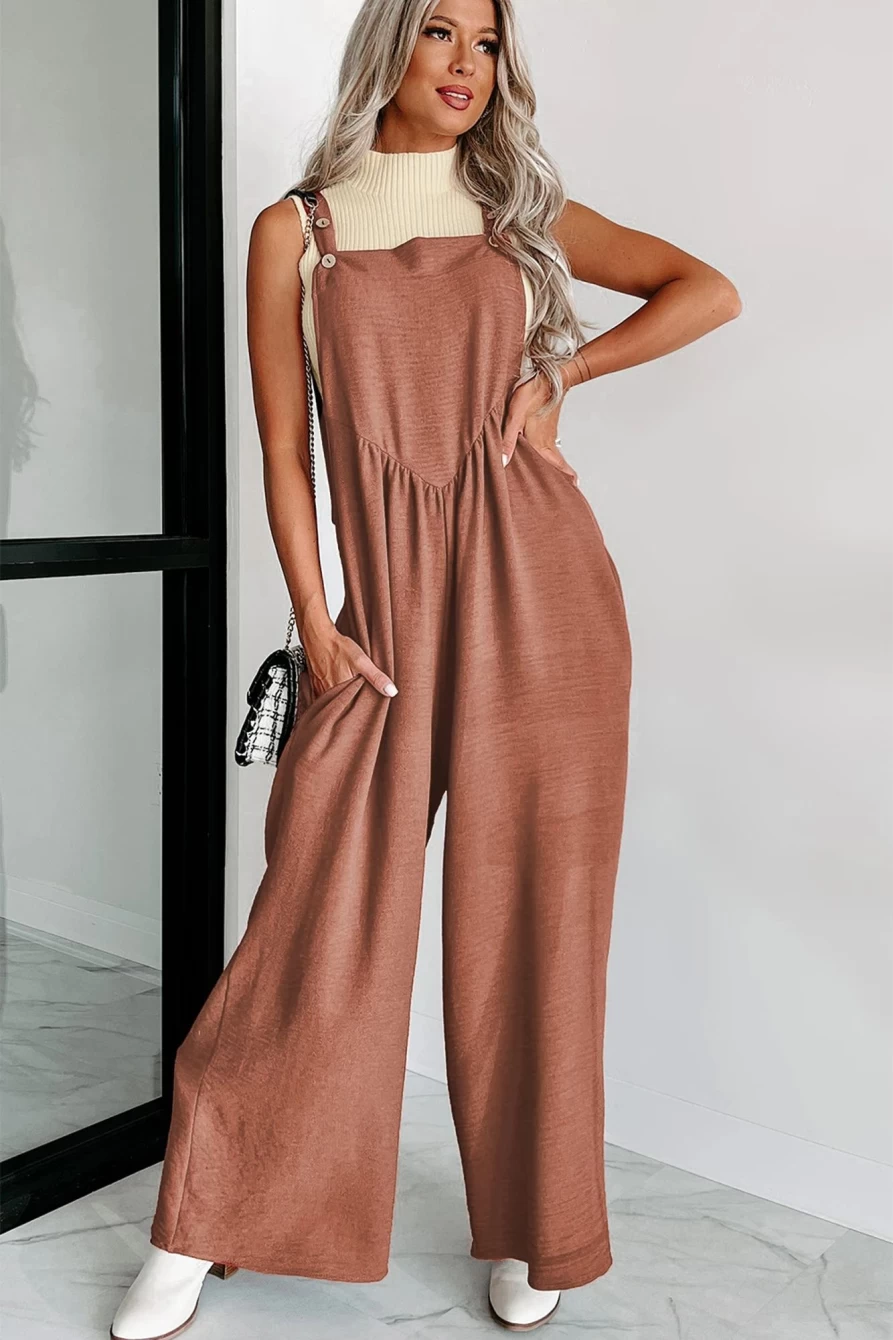 Shewin Women's Gold Flame Textured Buttoned Straps Ruched Wide Leg Jumpsuit - Elegant Casual Romper