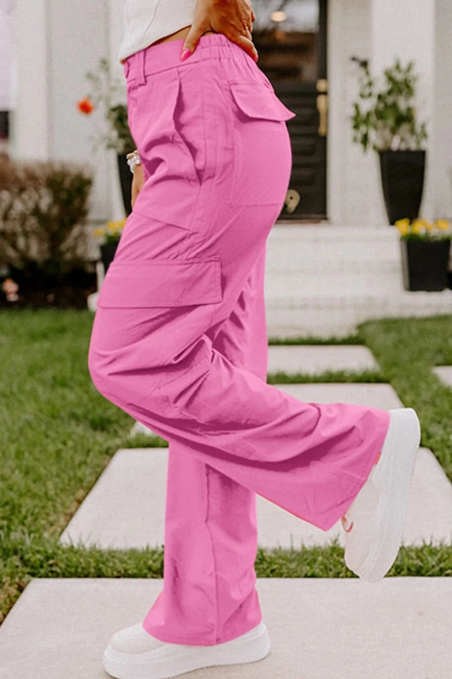 Shewin Women's High Waist Cargo Pants with Multi Pockets - Rose