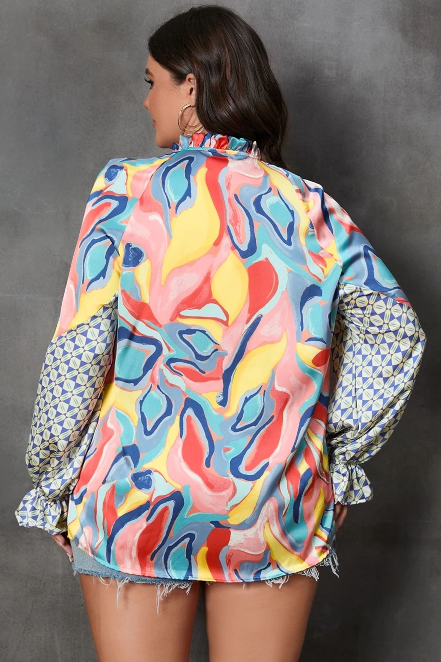 Shewin Women's Plus Size Abstract Print Multicolour V Neck Drawstring Blouse