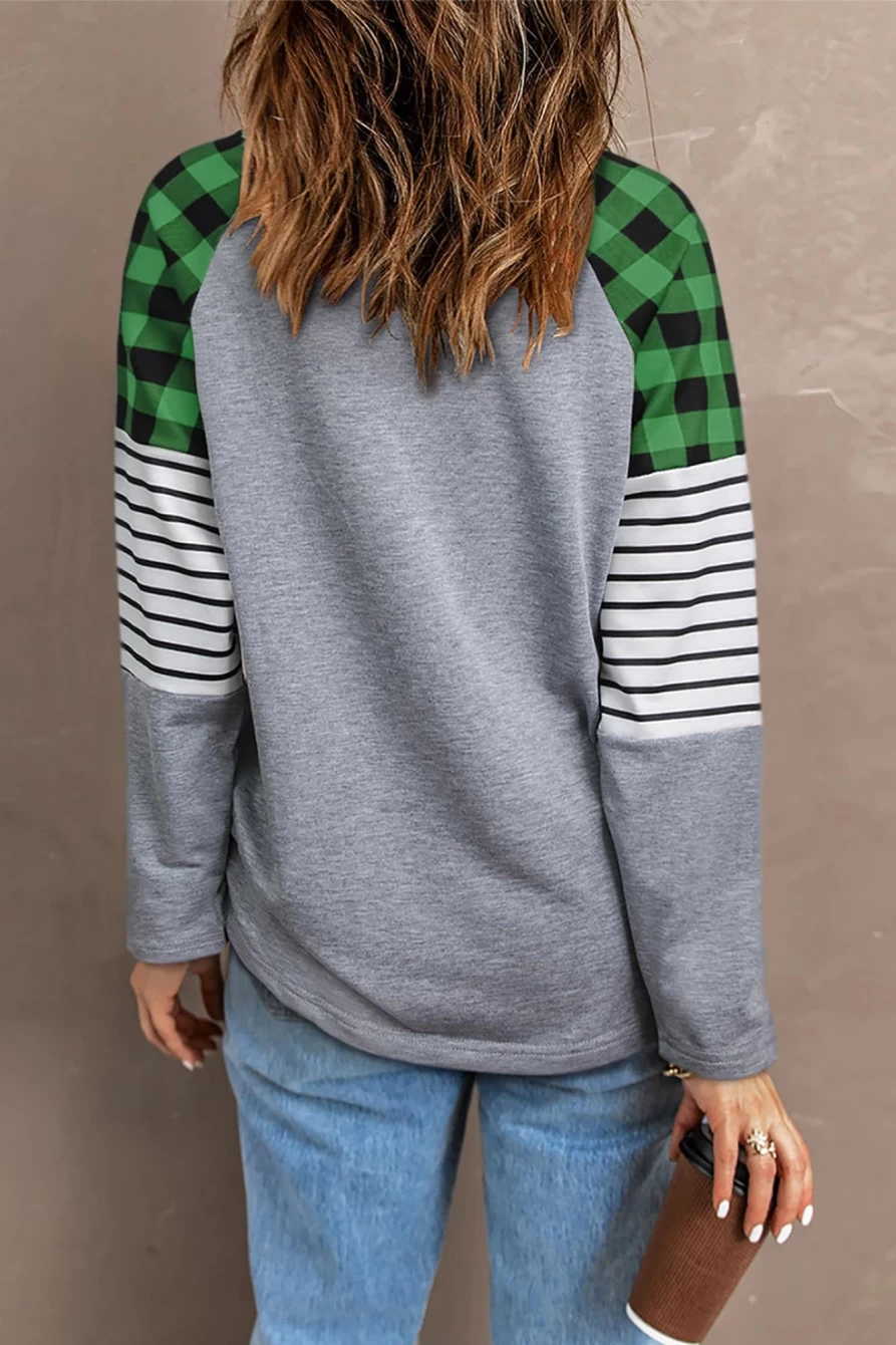 Shewin Women's Green Sequin St Patrick's Day Disco Ball Plaid Stripe Sleeve Graphic Sweatshirt