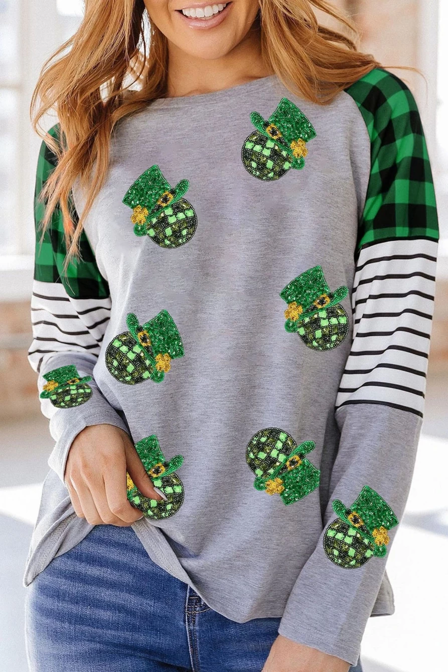 Shewin Women's Green Sequin St Patrick's Day Disco Ball Plaid Stripe Sleeve Graphic Sweatshirt