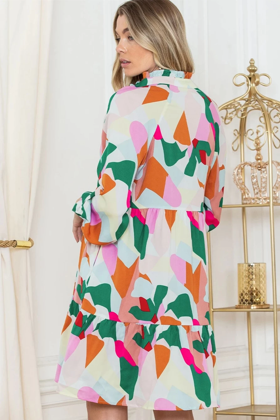 Shewin Women's Multicolour Abstract Print Frill V-Neck Tiered Dress - Stylish Flowy Summer Outfit