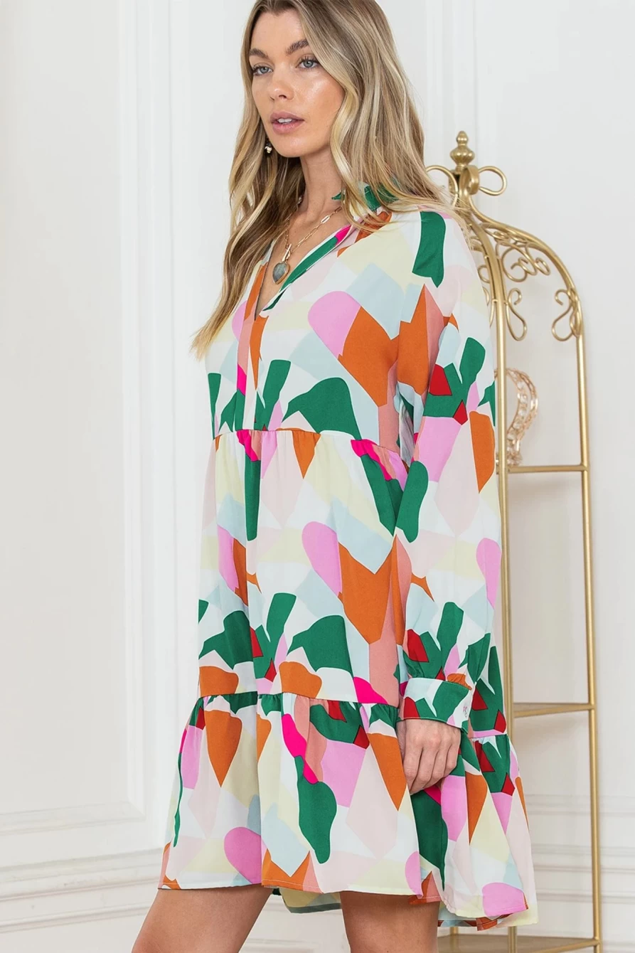 Shewin Women's Multicolour Abstract Print Frill V-Neck Tiered Dress - Stylish Flowy Summer Outfit