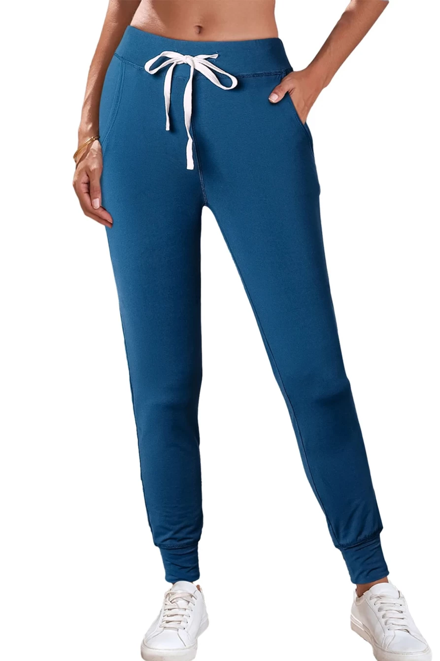 Shewin Women's Sail Blue Drawstring Waist Joggers with Pockets