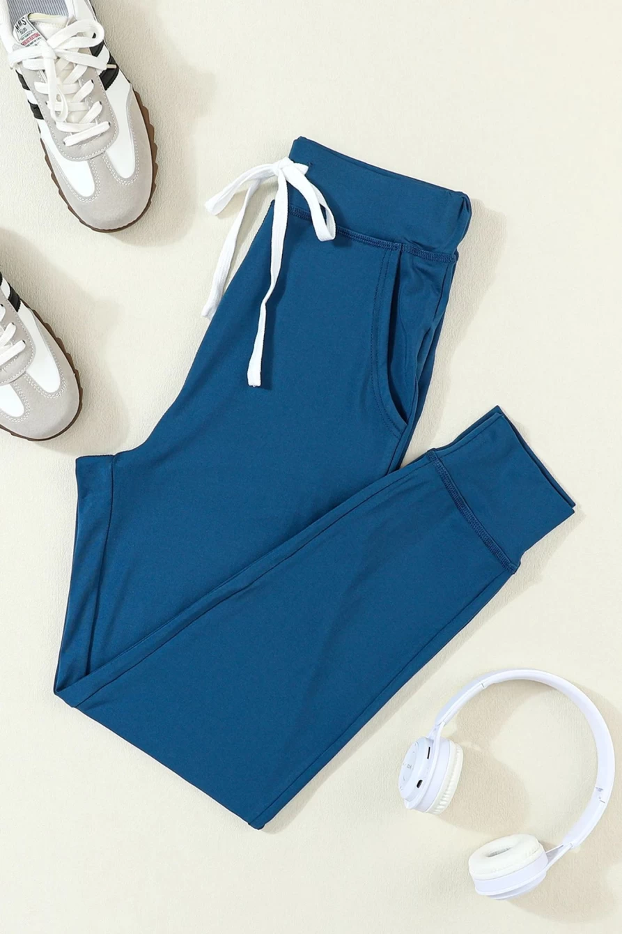 Shewin Women's Sail Blue Drawstring Waist Joggers with Pockets