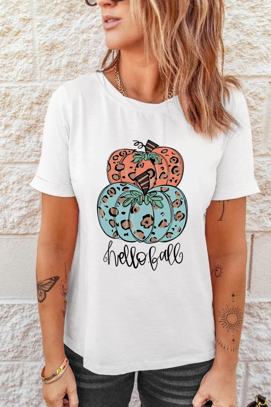 "SheWin Women's White Leopard Pumpkin Print Graphic Tee - Hello Fall T-Shirt"