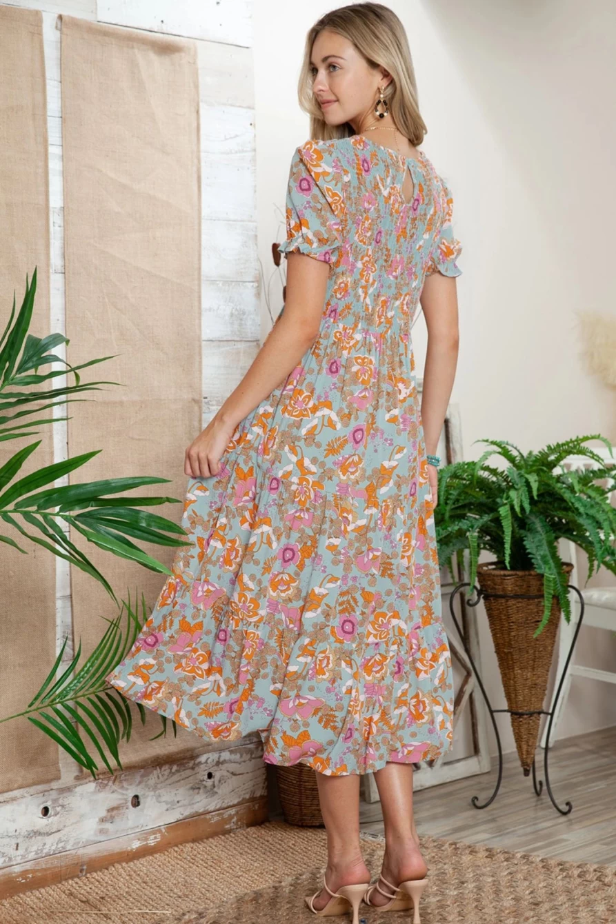 Shewin Women's Sky Blue Floral Smocked Ruffle Dress with Bubble Sleeves and Flowy Silhouette
