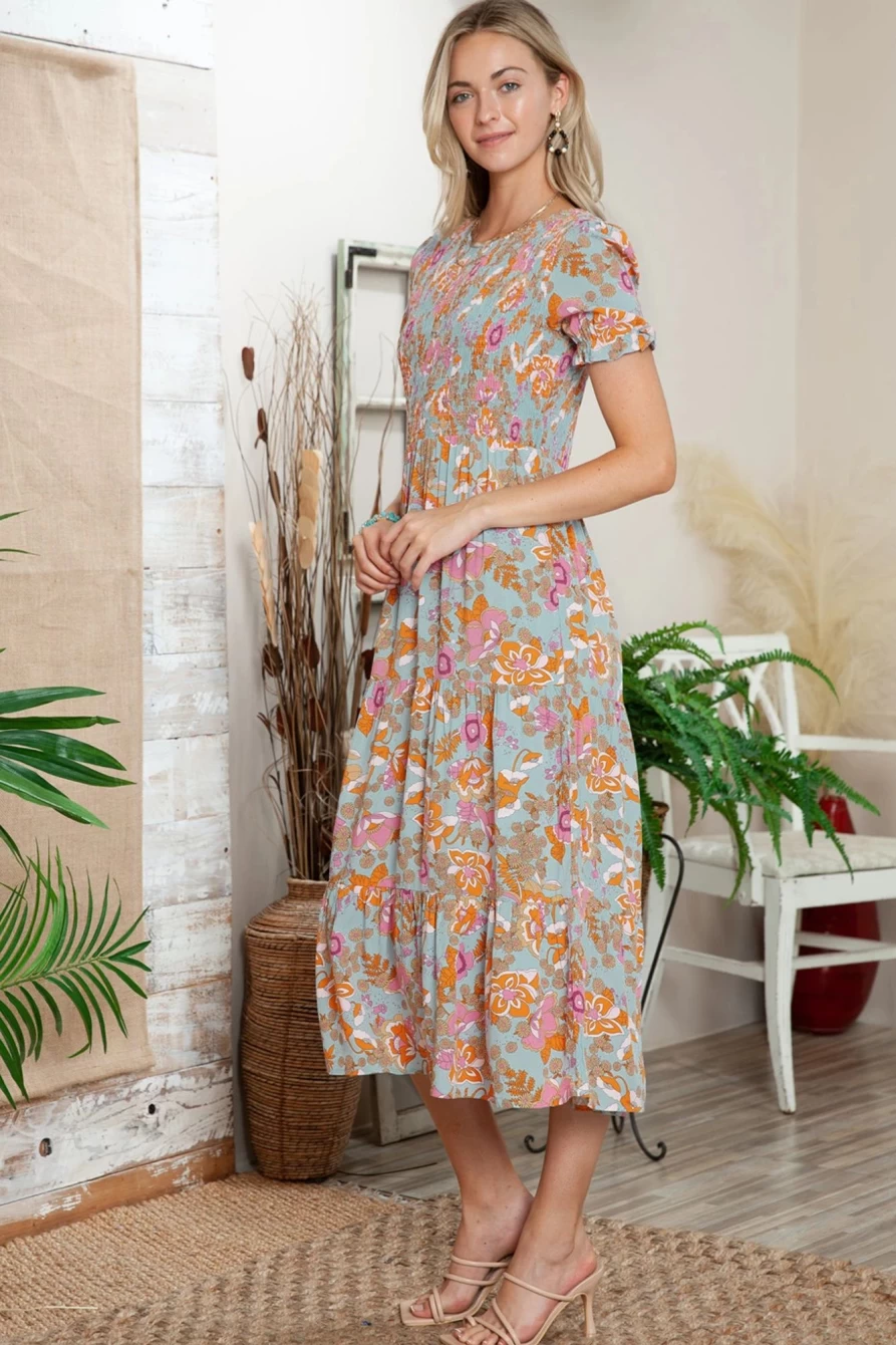 Shewin Women's Sky Blue Floral Smocked Ruffle Dress with Bubble Sleeves and Flowy Silhouette