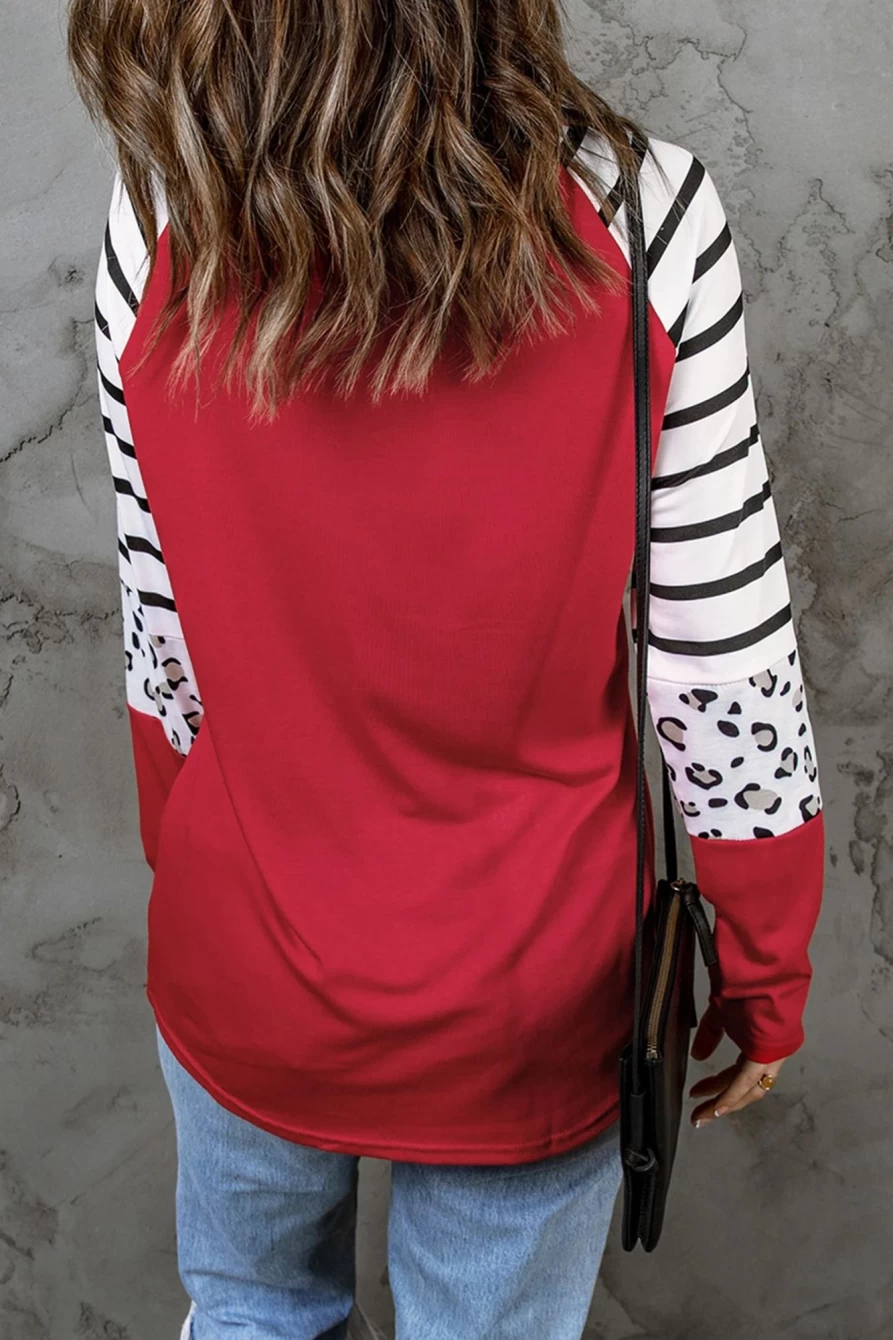 Shewin Women's Red Valentine Heart Print Colorblock Graphic Top with Leopard & Striped Sleeves